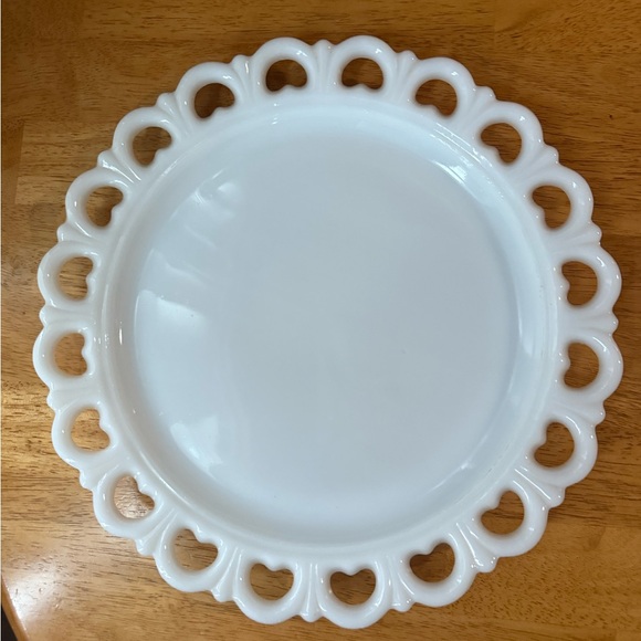 Vintage Anchor Hocking 13” milk glass torte plate with lace edge or Colony edge